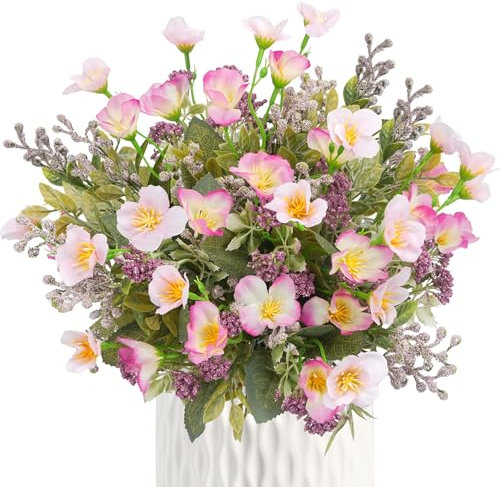 Zythrem 7 Köpfe 4 Stück Kunstblumen Frühling 7 Gabeln Balkonpflanzen Innen, Plastik Blumen Dekoration, Faux Kunststoff UV-beständige Blumen Künstliche Pflanze für Hochzeit Party Homedeko Gräber