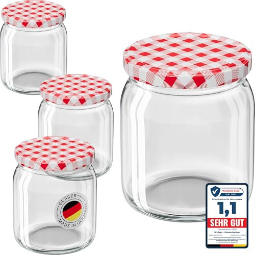 WELLGRO 12x Einmachgläser mit Schraubdeckel - 400ml - Deckel rot kariert To 82 - Made in Germany - Vorratsgläser mit Deckel, Gärglas, Dessertgläser