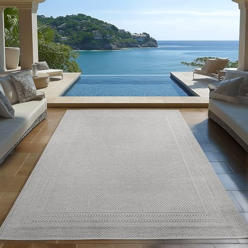Carpetsale24 Outdoor Teppich Grau 160x230 cm, Wetterfest & UV-beständig, ideal für Küche, Balkon, Terrasse, Garten auch Wohnzimmer und Esszimmer, Einfarbiges Design mit Bordüre, Leicht zu Reinigen