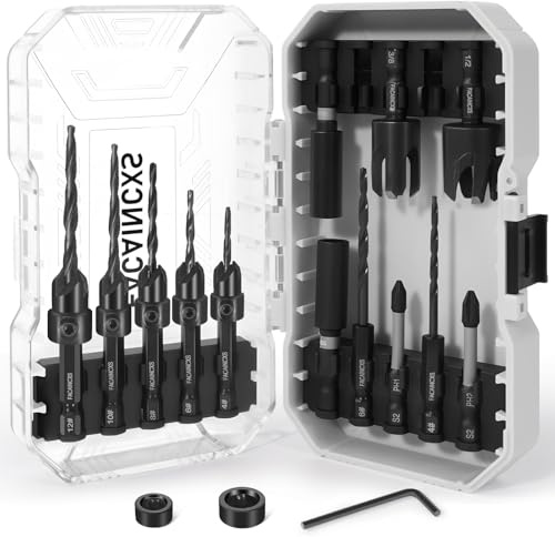 FACAINCXS Countersink Drill Bit Set for Wood, 16 PCS High Speed Steel Woodworking Tapered Drill Bits Counter Sink Drill Bit with 2PCS 1/4 Hex Shank Wood Plug Cutter Quick Change with Storage Box