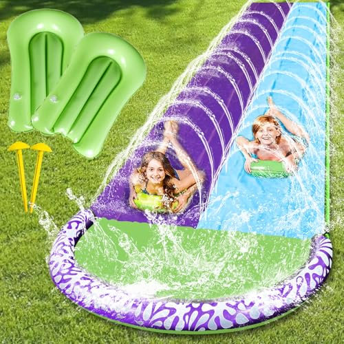 Water Slide Mat,15.7ft/480cm Slip Slide With 2 Bodyboards,Summer Lawn Slide,Inflatable Water Slides,Double Lane Slip and Slide Water Slide for Kids Adults Outdoor Water Play Activities