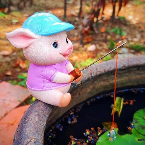 Garden Figures in Outdoor Weather Festivals,Knickknack Lovely Pig Image Ornaments Balcony Pond Fishing Decoration Pig Knickknacks for Fishing Lover