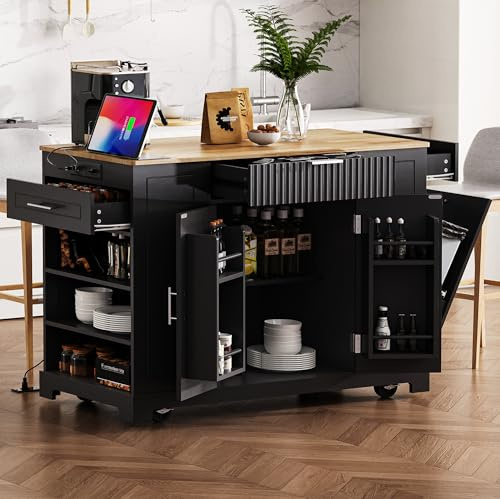 Grande carrello da cucina a isola con bidone della spazzatura, 3 cassetti e 3 scaffali aperti, soluzione portatile da cucina per bidoni da 10 galloni, ideale per piccoli spazi, finitura nera