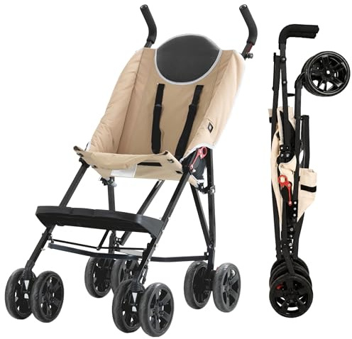 Passeggino per disabili MobiQuip XL, color sabbia - Per bambini più grandi fino a 50 kg - Telaio pieghevole leggero - Poggiapiedi regolabile e cintura di sicurezza a 5 punti