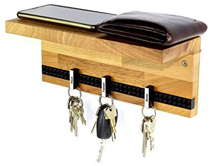 Schlüsselbrett Play 203 Holz | Schlüsselboard mit Ablage für die ganze Familie | Schlüsselleiste Nussbaum mit 6 Schlüsselanhängern zum selbst beschriften | inkl. Schrauben und Dübel | schwarz