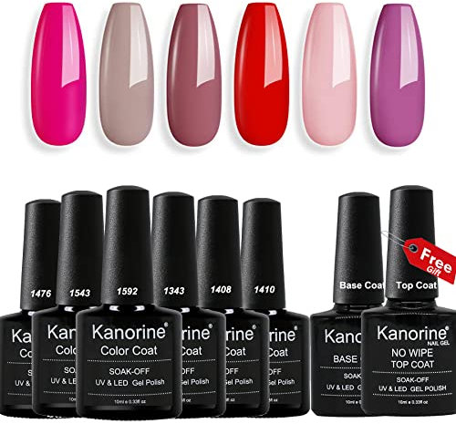 KANORINE 8pcs Nail Gel polish Rre Pink Gray Purple series Set (6 colors + base & top coat) Soak off UV/LED Gel Nail Polish Long Lasting Gel Varnish Manicure Set 10ml x8pcs
