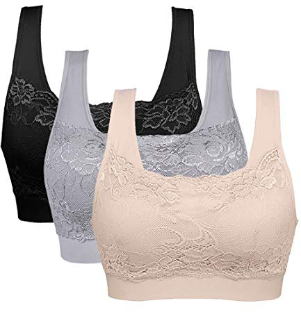 Vertvie dam stretch-bh utan byglar, push-up, yoga, sport bh, toppset för träning, stoppning, 3-pack, Svart + hud + ljusgrå, L