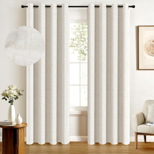 100% Blackout Linen Curtains 84 Inch Long 2 Panels Set, Beige