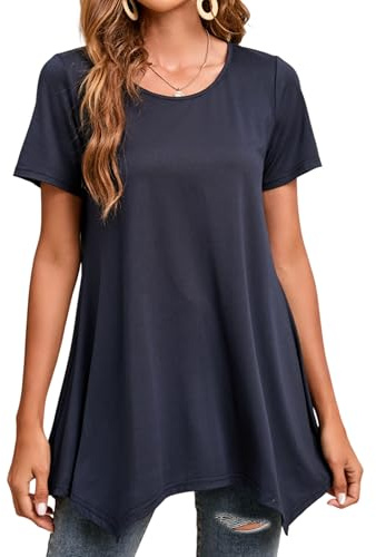 Enmain Maglietta Donna Maniche Corte Estate T-Shirt Blu Navy Taglie Forti Tunica Lunga Girocollo Blusa Elegante Camicetta Maglia in Tinta Unita Abbigliamento Donna Curvy XL