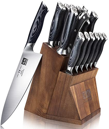 SHAN ZU Messerblock mit Küchenmesser, 16-tlg Messer Set Japanische Rostfreiem Super Stahl Kochenmesser Set mit Abnehmbarem Block & K133 Ergonomischer Griff, Black Tortoise Genbu Serie