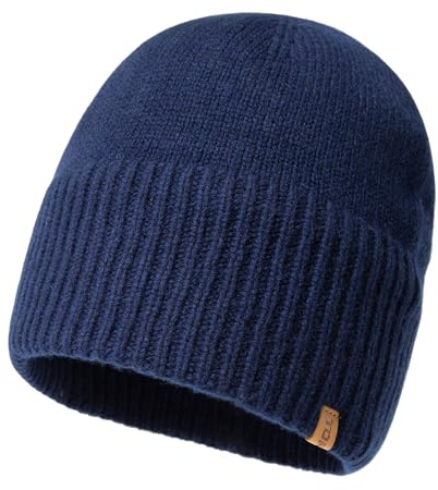 TOP-EX PolarWool™ Bonnet de pêcheur chalutier 100 % laine mérinos, unisexe, doublé de polaire, bonnet thermique d'hiver, bonnet chaud en laine pour la course à pied, le golf, 56-65 cm, bleu marine, M
