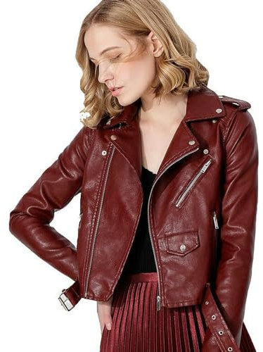 AYAZER Frühling und Herbst, Mehrfarbig, Reißverschluss, PU-Lederjacke, Kurze Gürteljacke, Motorradbekleidung, Burgunderrot, M