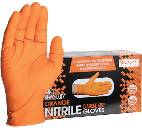 ForPro Professional Collection Heavy Duty Disposable Nitrile Gloves, Orange, 8 Mil, Industrial Grade, Raised Diamond Grip, Latex-Free, XX-Large, 100-Count