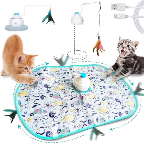 SLE Katzenspielzeug 3 IN 1 Interaktives 360 Grad Rotierendes für Training, Simuliertes Interaktives Jagdkatzenspielzeug, Spielzeug für Katzen die Indoor Federspielzeug Selbstbeschäftigung