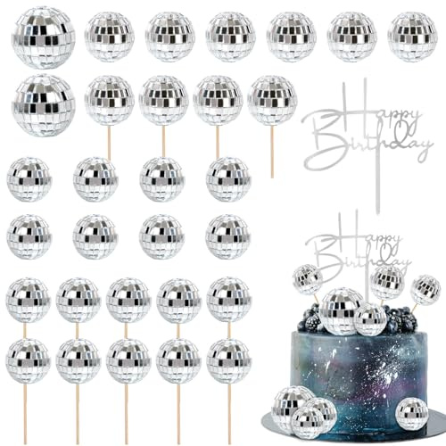 31pcs Disco Ball Cake toppers Happy Birthday Cake Topper 1970s Disco Ball Cake Picks Theme Cake Decor for Disco Theme Party Favor