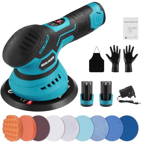 Sararoom 15cm 6inch Cordless Buffer Polisher with 2 x 2000mAh Lithium Battery, 12V Car Polisher with 14 PCS Attachments, Car Buffer Polishing Machine 8 Speeds 2800-5500RPM for Car/Leather/Wood/Glass