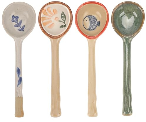 JANKOW 4 Pack Japanese Ceramic Soup Spoons, Slightly Larger Long Handle Design, Hand-Painted Porcelain Spoons for Miso, Wonton, Dumplings (Secure Packaging)