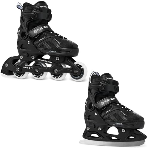 Raven Pulse – Pattini a rotelle per bambini, ragazze, ragazzi, adulti, bambini – Pattini a rotelle – 2 in 1 con opzione pattini da ghiaccio – Regolabili – Black con Pattini, 33-36 (20-22,5cm)
