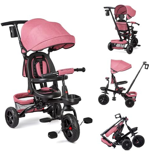 Baby Dreirad 6 In 1 Kinderdreirad Mit Schubstange, Kinderdreirad für 9 Monate Bis 5 Jahre Mit Umkehrbarem Sitz, Ausklappbarem Verdeck Mit Sonnenschutz, Kinderwagen Faltbar, Babyfahrrad