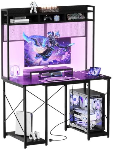 JUMMICO Gaming Tisch Schreibtisch 120 x 60 x 162 cm mit USB-Anschluss und Steckdose, Schreibtisch Computertisch mit Regal und Monitorständer LED-Beleuchtung, PC Tisch fürs Homeoffice (Schwarz)