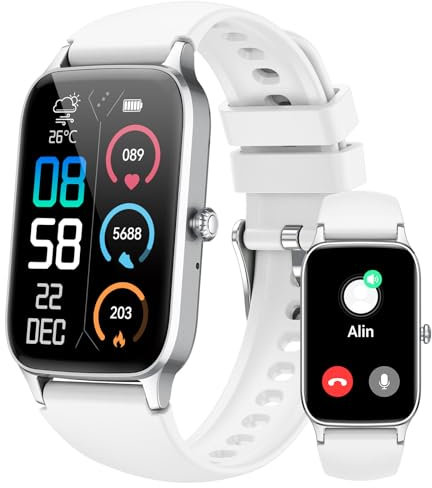 Smartwatch Damen Herren, 1,57HD Fitnessuhr mit Telefonfunktion, New FitnessTracker 110+ Sportmodi, Sportuhr mit SpO2, Herzfrequenz Schlafmonitor Schrittzähler, IP68 Wasserdicht für Android iOS Weiß