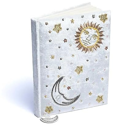 LivuX Anteckningsbok sol och måne – vit sammetspåse – 20 × 15 cm – 160 linjerade sidor – broderi med dekorativa pärlor – andlig dagbok för magi, mindfulness & cykelarbete 1301
