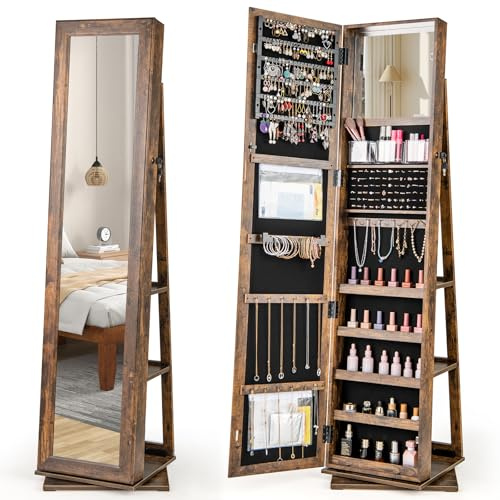 COSTWAY 360° Swivel Jewellery Cabinet, Lockable Jewelry Armoire with Full Length Mirror, Large Storage and Makeup Mirror, Freestanding Cosmetics Jewellery Organiser Unit for Bedroom (Rustic Brown)