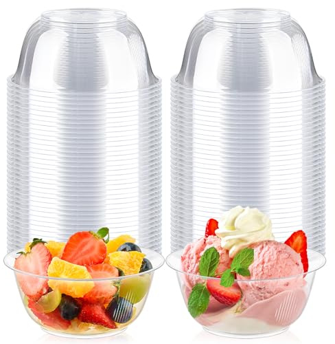 Qeirudu 8 oz Small Clear Plastic Bowls, 100 Pack Disposable Hard Plastic Party Serving Bowls for Fruit, Desserts, Parfaits, Ice Creams, Snacks