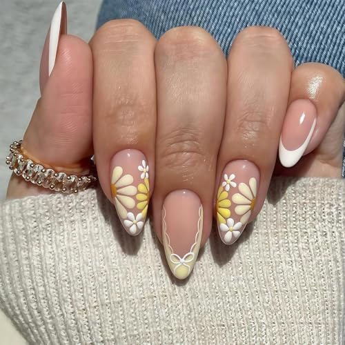 Shimmerz 24 pièces ongles français d'été en amande moyenne avec design floral jaune et blanc surface brillante et nœud blanc pour femmes et filles