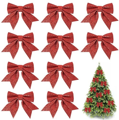 AOOSA 10 Piezas Lazos para Arbol Navidad, 16x14cm Lazos Navidad con Purpurina, Moños Navideños para Árbol, Arcos Cinta Navidad, Adornos Arbol Navidad, Decoración de Bodas, Decorar Familiares Fiestas
