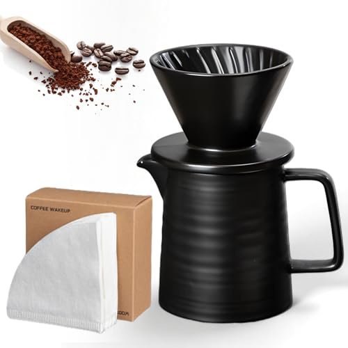 Häll över kaffebryggare, 450 ml kaffekanna med filter, kaffefilter porslin med kopp med 100 delar kaffefilter, kaffebryggarset, gåva till pappa mamma, perfekt för hemmet och på vägen