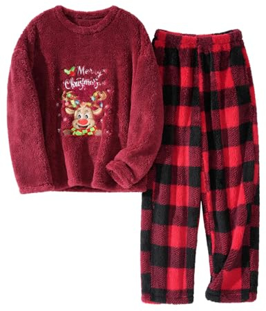 UMIPUBO Pijama Mujer Invierno Navidad Polar Manga Larga y Pantalón Largo con Bolsillo Franela 2 Piezas Conjunto de Pijama Navideños Calentito Cuadros Ropa de Dormir Suave Plaid Pijamas (Burdeos, M)
