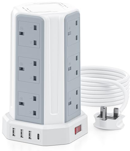 Tower Extension Lead 3M, Aodeng 12 Way Extension Tower Multi Plug Extension Sockets with 4 USB Slots, [13A 3250W] Surge Protector Extension Cable 3M for Home, Office, Kitchen