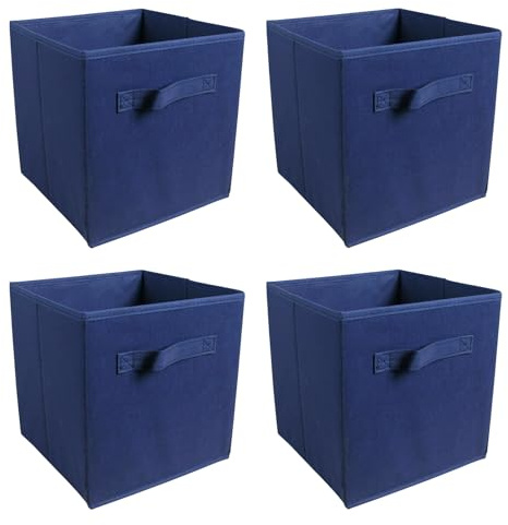 ZOONFA Set of 4 Foldable Cube Storage Boxes Collapsible Linen Fabric Clothing Shelf Basket Bins Toy Box Home Office Organizer (Blue)