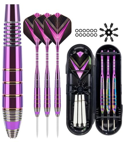 Lonwiner Tungsten Darts Set, Dartpfeile Metallspitze, 24g, 165mm, mit Aluminium Shafts, PET Flights, Stahlspitze, Extra Schafts und Gummiringe, Lila (Fantasie-Lila)