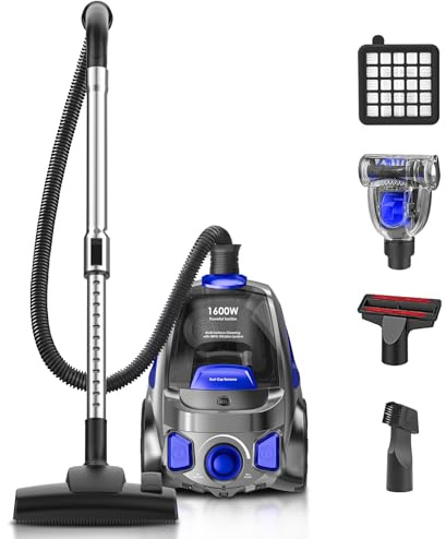 PKUYIE Canister Vacuum Cleaner, 40Kpa 1600W Cyclon Power Bagless Canister Vacuum Cleaners for Home, 3.7QT Large Dust Cup, Lightweight Vac for Hard Floors, Carpets, Pet Hair, Blue