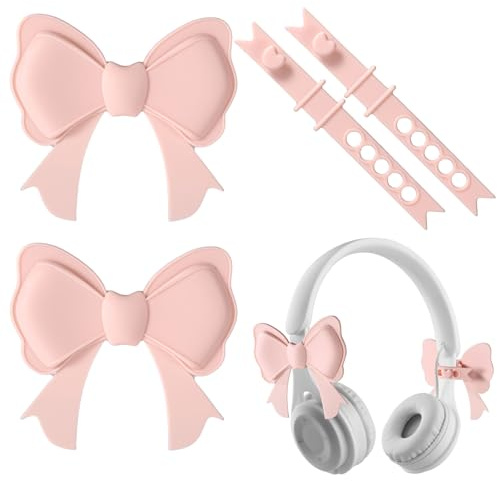 2pcs Pink Bow Headphone Accessories, Silicone 3D Earphone Decorations with Adjustment Buckles Coquettish Headphone Bows Attachment for Women Girls