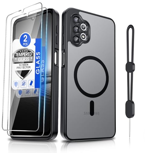 Dizn for Samsung Galaxy A32 5G Phone Case with 2 Screen Protector & Phone Lanyard, Fit for MagSafe,Camera Bumper Protection, Shockproof,Magnetic Thin Translucent,Cover for Samsung Galaxy A 32 5G,Black