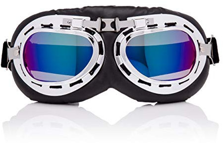 Ultra Silver and Blue Mirrored Lenses Vintage Classic Motorcycle Helmet Steampunk Retro Cyber Pilot Flying Goggles WW2 Battle of Britain Cosplay Eyewear Steampunk Goggles RAF Fancy Dress Cyber Glasses