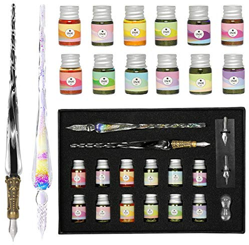 ESSSHOP Glass Dip Ink Pen Calligraphy Set - 17 Pcs Kit with Rainbow Crystal Retro Carving Glass Pen 2 Replacement Nibs 12 Inks for Signatures Gift Cards Writing Calligraphy Beginners