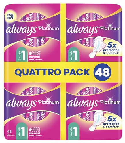 Always Platinum Normal (taille 1) Serviettes Avec Ailettes 48 Serviettes, 5 Dimensions De Confort Pour Ne Sentir Rien D’autre Qu’une Protection Optimale