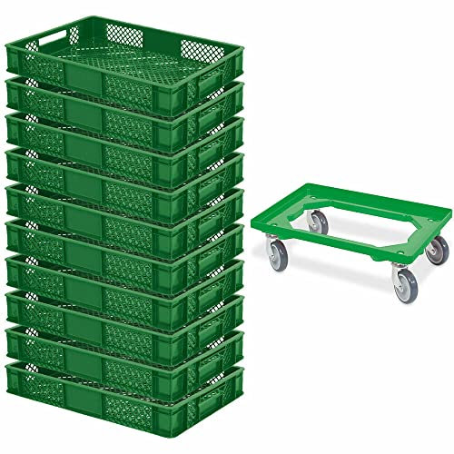 BRB 10 Eurobehälter, LxBxH 600x400x90 mm, Industriequalität, lebensmittelecht + 1 Transportroller, grün