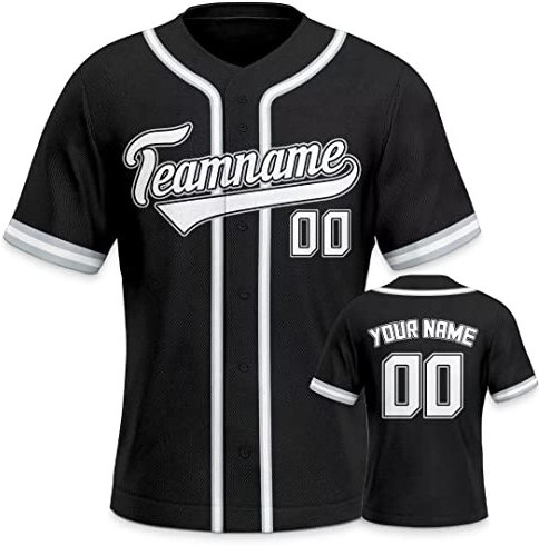 Personalisiertes Baseball Trikot 3D Stickerei/Druck Trikot Shirt mit Deinem Namen und Nummer Hip-Hop-Sportuniform für Herren Damen Kinder Fantrikot Schwarz
