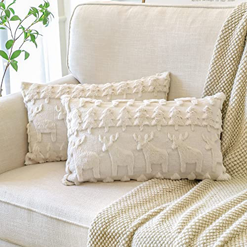 Artscope 2er Set Wolle Kissenbezüge Weicher Plüsch Kurzer Wollsamt Dekokissenbezuge Luxuriöses Sofakissen Europäische Kissenhülle für Sofa Schlafzimmer Weihnachtsbaum und Elch Creme Beige, 40x60cm