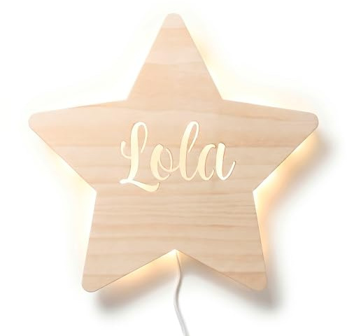 DEHOME - Lámpara de Pared Infantil Personalizada LED - Diseño de Globo Nube Estrella Sol - Luz Nocturna de Madera para Bebés y Niños - Regalo Original y Decoración para Habitación Infantil (Estrella)