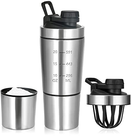 ROCKY&CHAO Shaker proteico in acciaio inox, 700 + 200 ml, con scomparto per polvere, per sport e fitness, albume d'uovo (con coperchio a bottone, acciaio inossidabile)