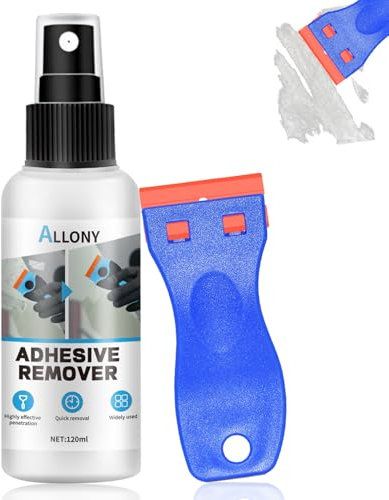 Allony Quita Pegamento Adhesivo, Disolvente Pegamento, Quita Adhesivos, Quita Pegatinas, Elimina Rápidamente Etiquetas y Residuos de Adhesivo de las Superficies, Viene con un Raspador-120ml