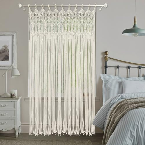 SanBouSi 195 x 120 cm, cortinas bohemias de macramé, tapiz de algodón tejido, decoración de pared con anillos colgantes para divisores de habitaciones