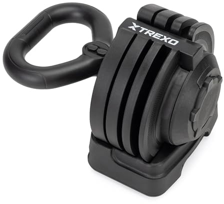 TREXO Pesa rusa ajustable de hierro fundido para ejercicios versátiles, 12 kg, con 16 niveles de resistencia ajustables, color negro