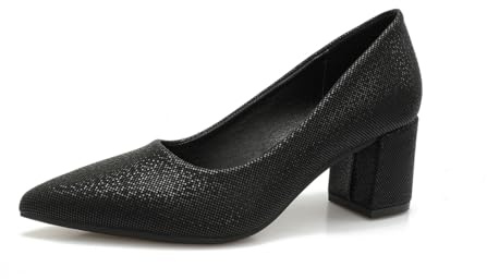 QiBusLeen Escarpins classiques à bout pointu pour femme à talon bloc épais et paillettes à bout fermé pour femme, pour bureau, mariage, fête, quotidien, talons de 6,1 cm, Noir , 43 EU